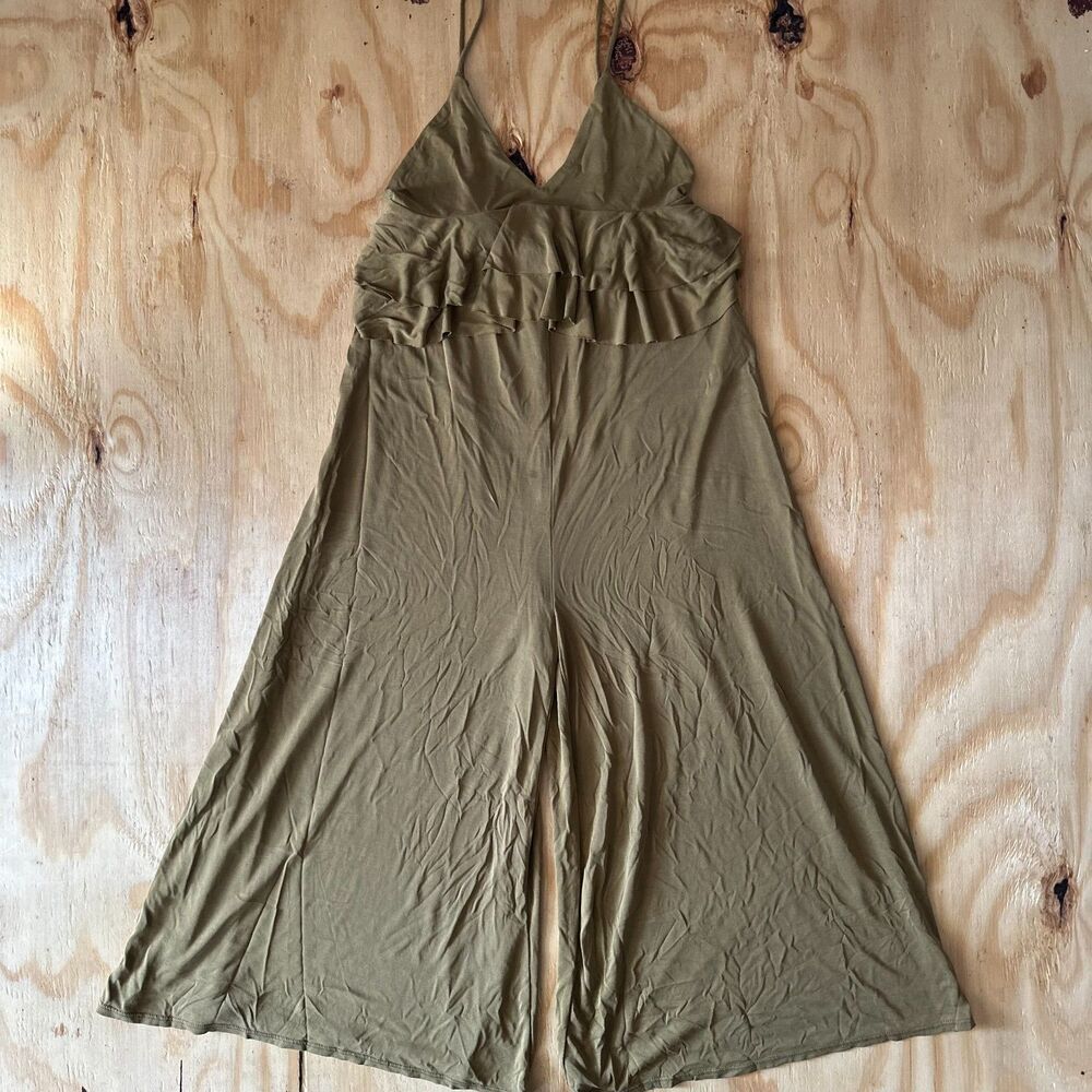 Silence + Noise Olive Green Ruffled Wide Leg Jumpsuit (Small)